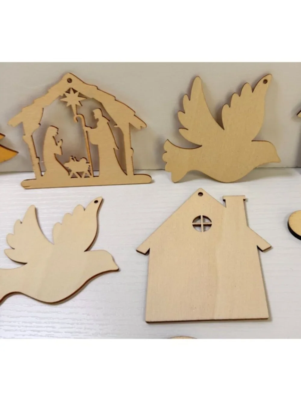 Wooden Christmas Ornament Lot of 13 Crafts Nativity Trees Doves Gingerbread Men
